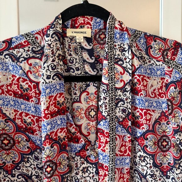 L'AGENCE Silk Neck Tie Blouse Size Small Color Red Blue White Black - Picture 2 of 5